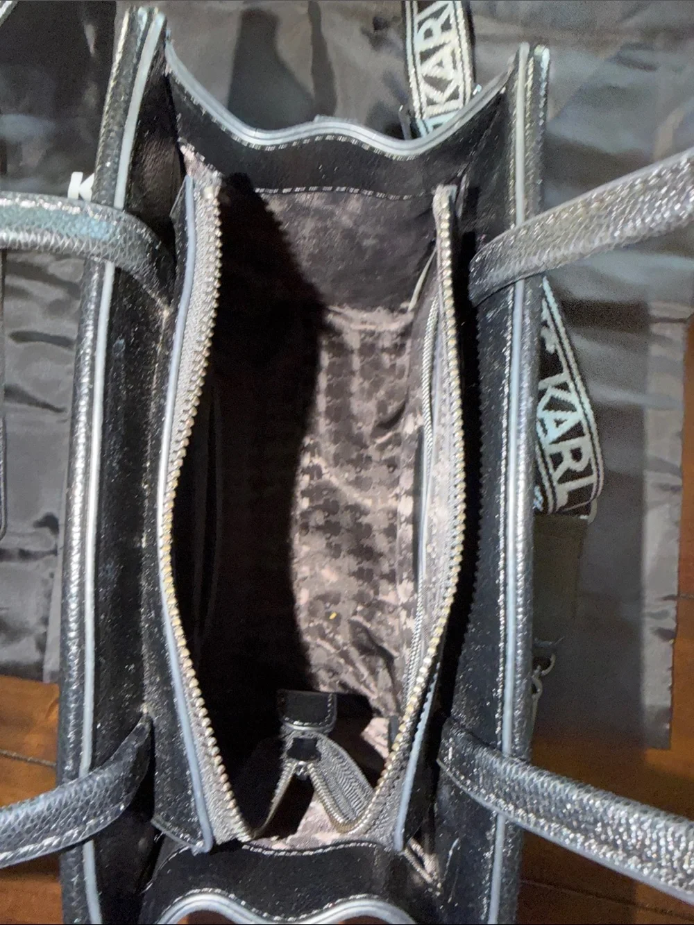 Karl Lagerfeld Black Crystal-Embellished Satchel with Branded Strap